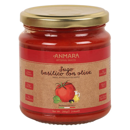 Olive &amp; Basil Sauce – Natural - Italy - Gluten Free, No Added Sugar &amp; Fat Free - Anmara – 280gm