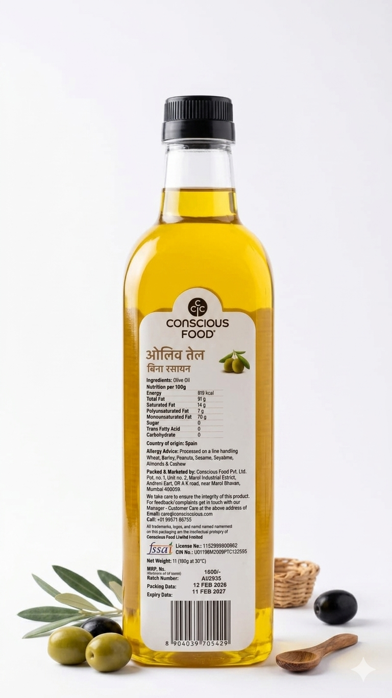 Oil | Olive Oil – Cold Pressed – Natural – Rich In Natural Antioxidants &amp; Cholesterol Free – Conscious Food – 1000ml