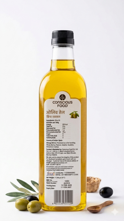 Oil | Olive Oil – Cold Pressed – Natural – Rich In Natural Antioxidants &amp; Cholesterol Free – Conscious Food – 1000ml