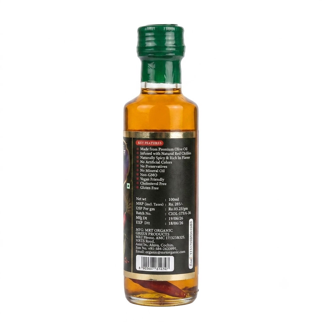 Olive Oil (Salad Oil)- Cold Pressed- Vegan, Gluten Free - Organic Chilli Infused-No Preservatives, Artificial - MRT Organics – 100ml