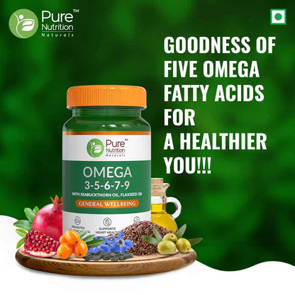 Omega | 3-5-6-7-9 (With Sea buckthorn Oil &amp;amp; Flaxseed Oil) - Natural - Promotes Cognitive Health, Support Heart health &amp;amp; Helps Improve Lipid Profile - Pure Nutrition - (1000mg) - 30 Capsules