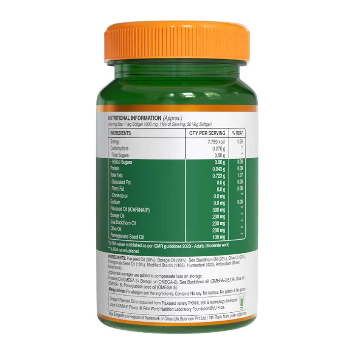Omega | 3-5-6-7-9 (With Sea buckthorn Oil &amp;amp; Flaxseed Oil) - Natural - Promotes Cognitive Health, Support Heart health &amp;amp; Helps Improve Lipid Profile - Pure Nutrition - (1000mg) - 30 Capsules