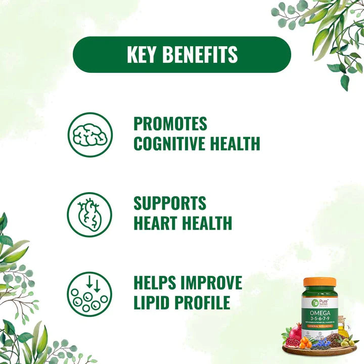 Omega | 3-5-6-7-9 (With Sea buckthorn Oil &amp;amp; Flaxseed Oil) - Natural - Promotes Cognitive Health, Support Heart health &amp;amp; Helps Improve Lipid Profile - Pure Nutrition - (1000mg) - 30 Capsules