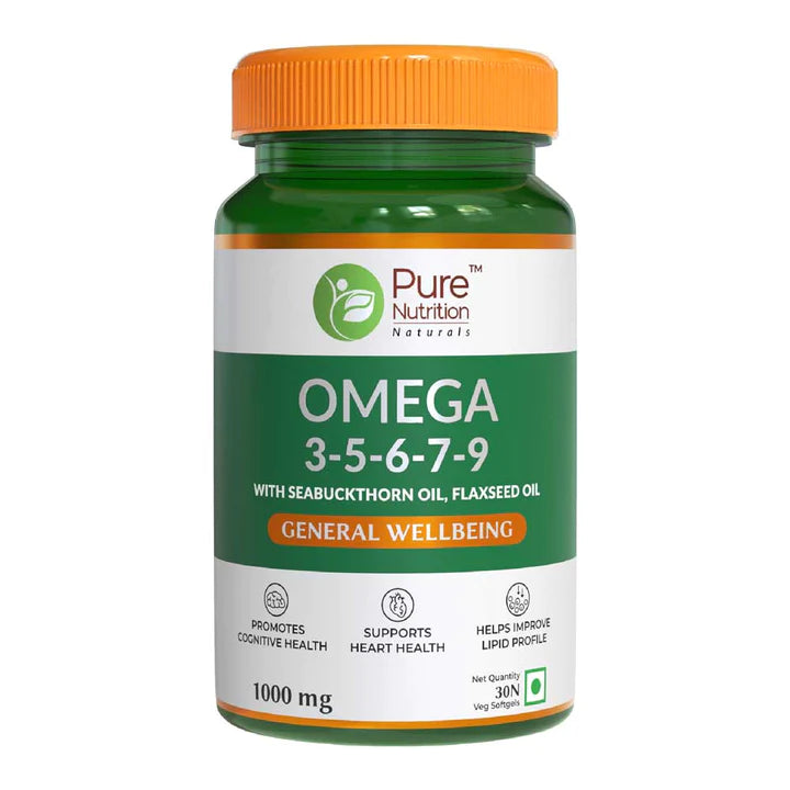 Omega | 3-5-6-7-9 (With Sea buckthorn Oil &amp;amp; Flaxseed Oil) - Natural - Promotes Cognitive Health, Support Heart health &amp;amp; Helps Improve Lipid Profile - Pure Nutrition - (1000mg) - 30 Capsules