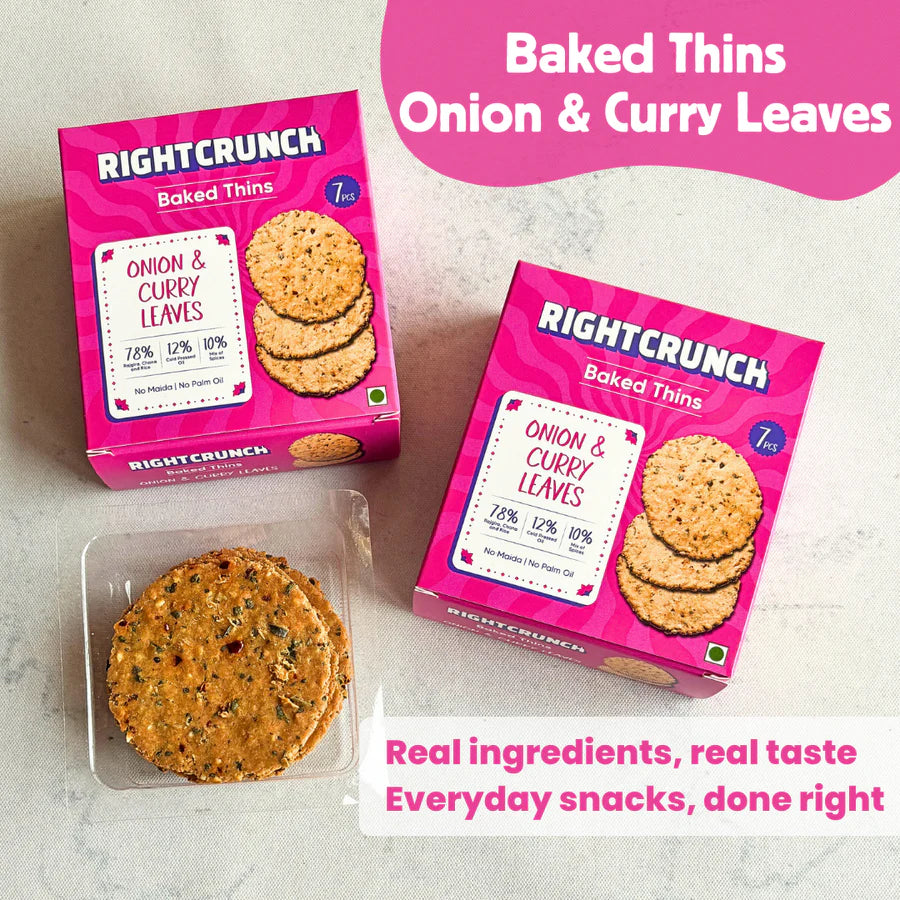 Cracker| Onion &amp; Curry Leaves Baked Thins - Gluten Free, Vegan-No Maida, No Palm Oil &amp; No Artificial Ingredients- Right Crunch - 50gm