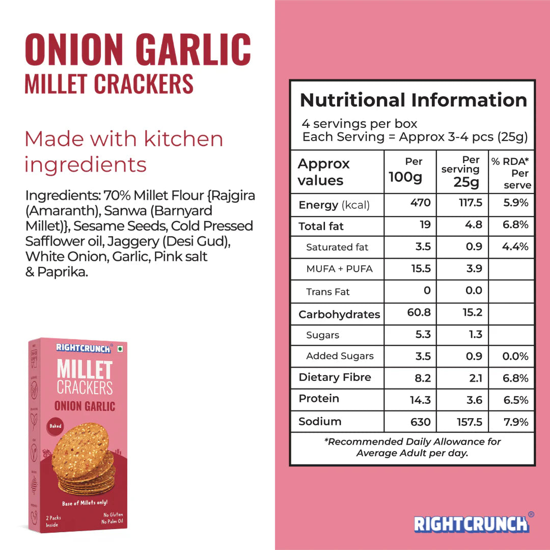 Millet Cracker - Onion Garlic - 100% Millet Based Snack - Baked - Gluten Free - Right Crunch - 100gm