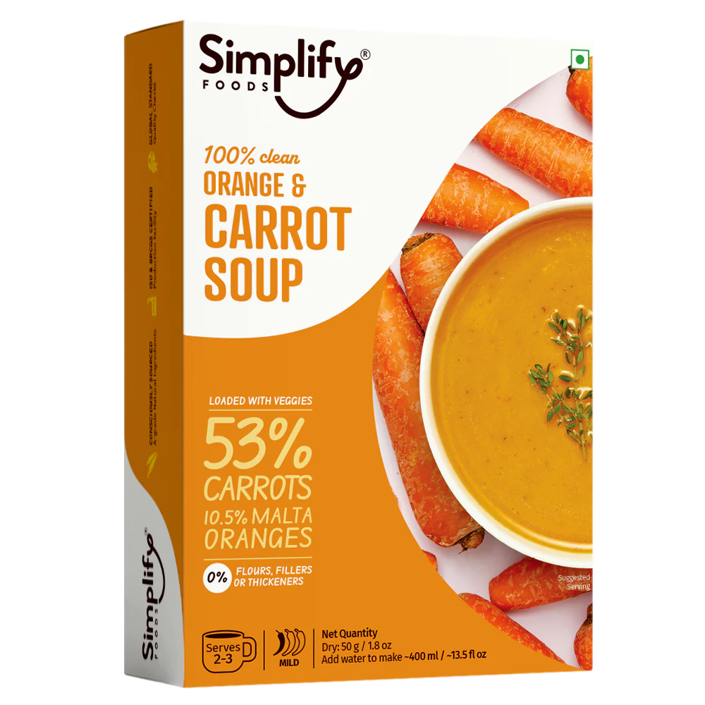 Soup | Orange &amp;amp; Carrot Soup (Loaded With Veggies 53% Carrots &amp; 10.5% Malta Orange) – 100% Clean – No Flours, Fillers, Thickeners, No Preservatives, Colours &amp;amp; No Additives – Simplify Foods – 50gm