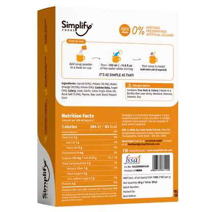 Soup | Orange &amp;amp; Carrot Soup (Loaded With Veggies 53% Carrots &amp; 10.5% Malta Orange) – 100% Clean – No Flours, Fillers, Thickeners, No Preservatives, Colours &amp;amp; No Additives – Simplify Foods – 50gm