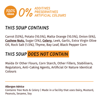 Soup | Orange &amp;amp; Carrot Soup (Loaded With Veggies 53% Carrots &amp; 10.5% Malta Orange) – 100% Clean – No Flours, Fillers, Thickeners, No Preservatives, Colours &amp;amp; No Additives – Simplify Foods – 50gm