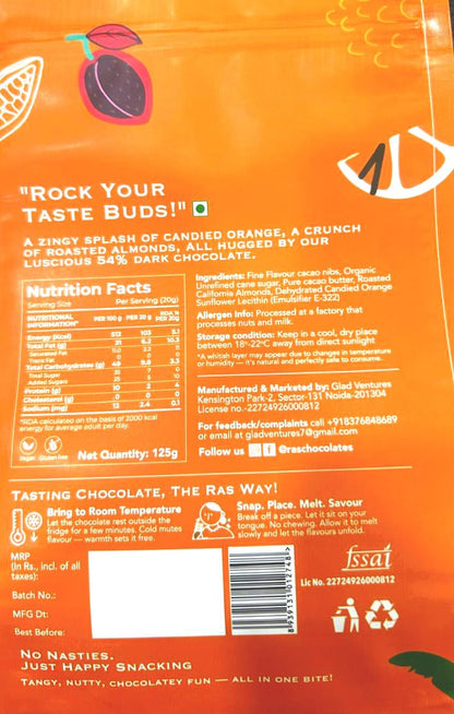Candy | Orange Almond Rocks - Candied Orange Roasted California Almond Dipped In Rich 54% Dark Chocolate - 100% Natural Cacao - No Refined Sugar &amp; No Palm Oil - Ras Chocolate - 125gm