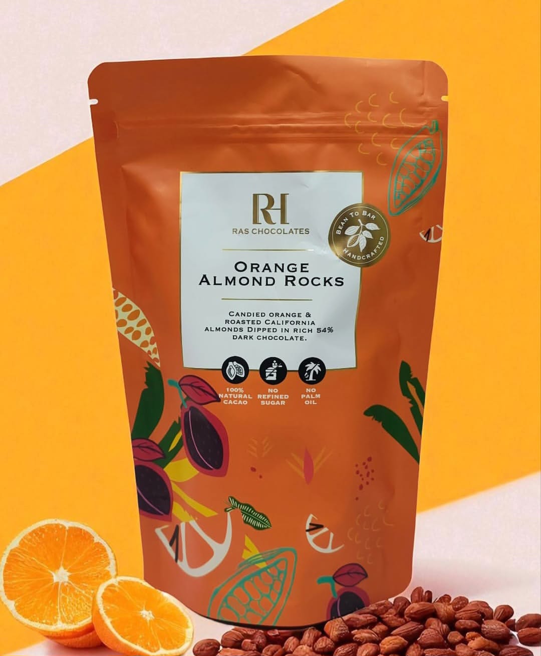 Candy | Orange Almond Rocks - Candied Orange Roasted California Almond Dipped In Rich 54% Dark Chocolate - 100% Natural Cacao - No Refined Sugar & No Palm Oil - Ras Chocolate - 125gm