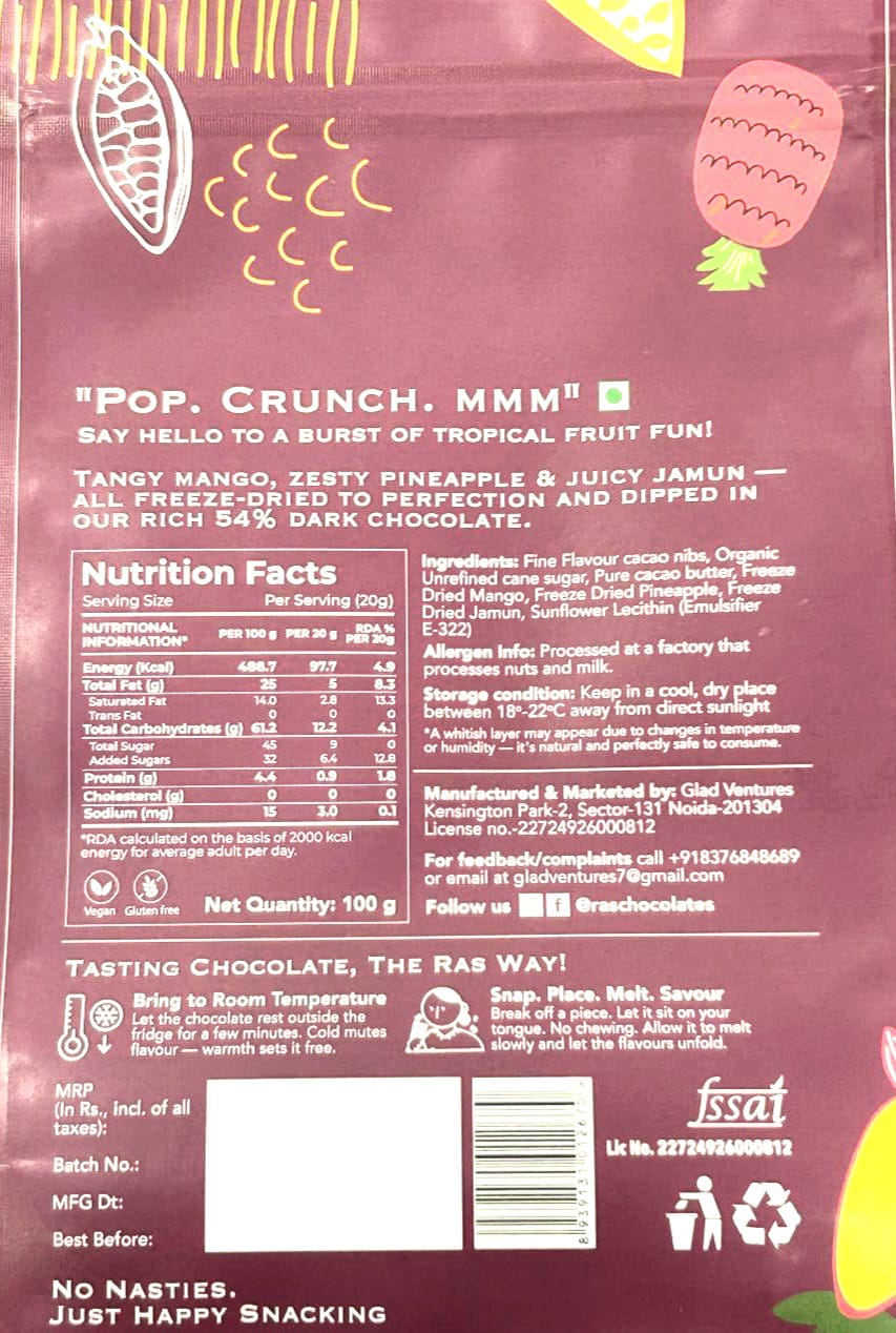 Assorted Fruit Shots - Freeze Dried Pineapple & Jamun, Enrobed In Rich 54% Dark Chocolate - 100% Natural Cacao And Real Fruit - No Refined Sugar & No Palm Oil - Ras Chocolate - 100gm