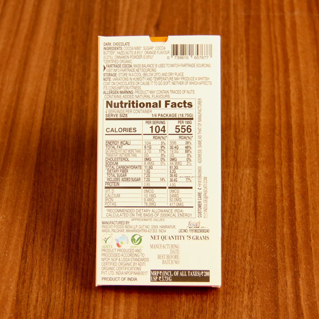 Orange Cinnamon & Hazelnuts Dark Chocolate - USDA Organic - Vegan & Gluten Free - Pascati - 75gm