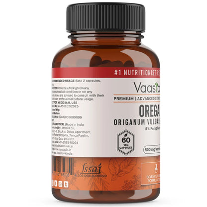 Supplements | Oregano Supplements 500 mg-70% Carvacrol- Non GMO &amp; No preservatives - Vaastavik -60 Veg Capsules