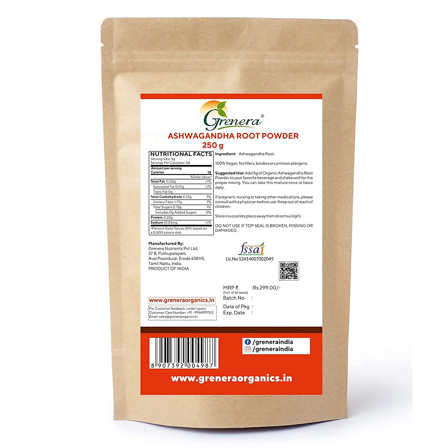 Organic Ashwagandha Root Powder – Vegan - Grenera – 250gm