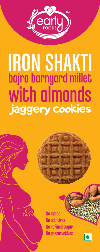 Millet Cookies | Iron Shakti - Organic Bajra &amp; Barnyard Millet Cookies with Almonds - Prenatal– No Added Refined Sugar, No Maida &amp;amp; No Soda - Early Foods - 130gm