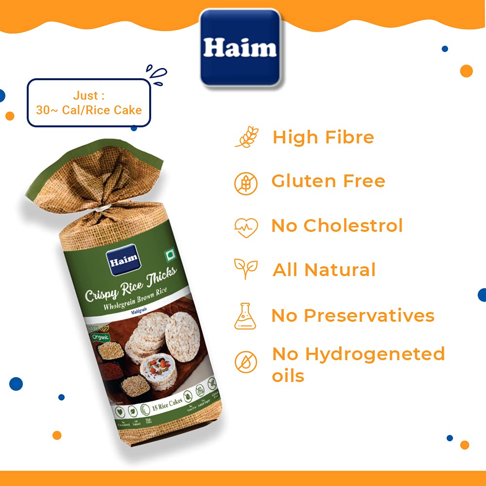 Rice Cake | Crispy Rice Thicks - Wholegrain Brown Rice Cakes (Multigrain) - Gluten Free, No Trans Fat &amp;amp; No Added Sugar - Haim - 136gm