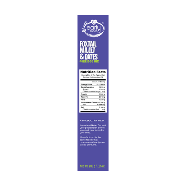 Porridge Mix | Foxtail Millet &amp;amp; Dates Porridge Mix - USDA Organic - Vegan, Gluten Free, No Added Refined Sugar, No Milk &amp;amp; No Salt – Early Foods - 200gm