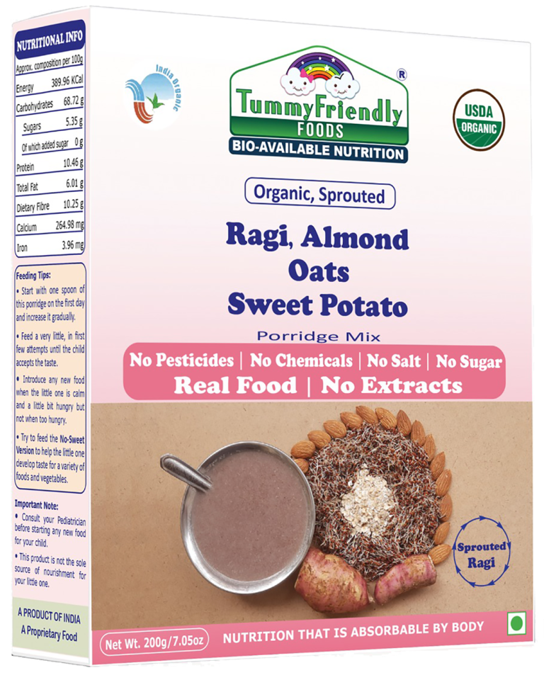 Porridge Mix | Cereal (Ragi, Almond, Oats Sweet Potato) - Organic & Sprouted - No Pesticides, Chemicals, Milk, Salt & No Added Sugar – Tummy Friendly – 200gm