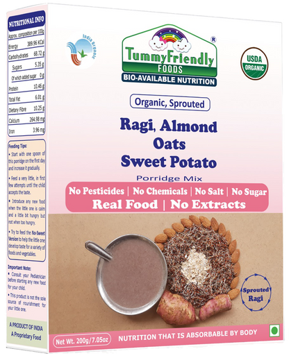 Porridge Mix | Cereal (Ragi, Almond, Oats Sweet Potato) - Organic &amp;amp; Sprouted - No Pesticides, Chemicals, Milk, Salt &amp;amp; No Added Sugar – Tummy Friendly – 200gm