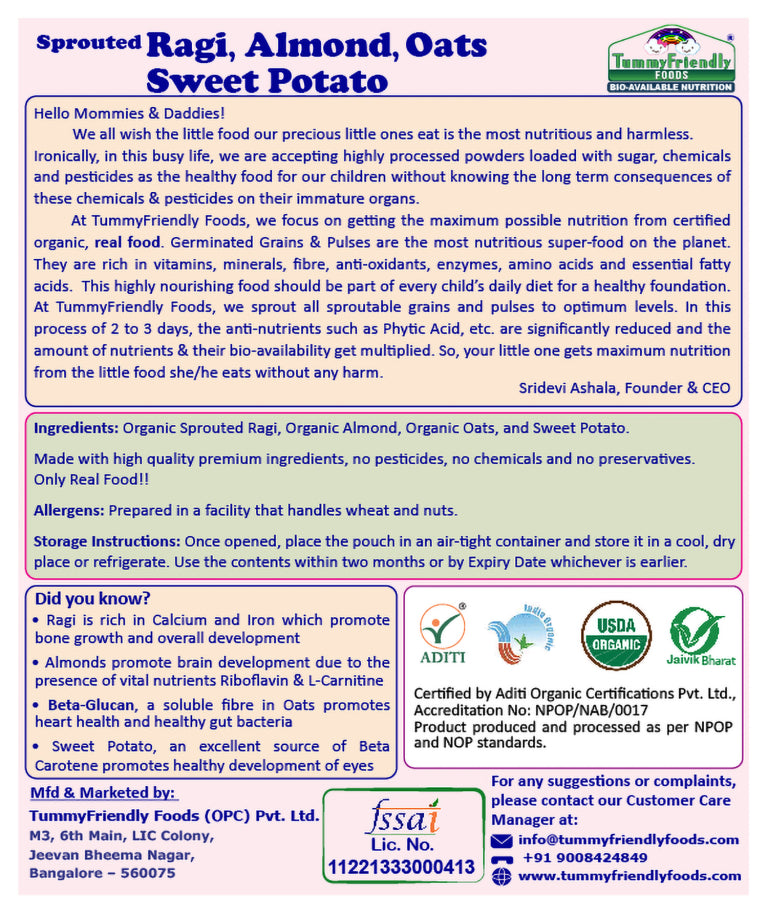Porridge Mix | Cereal (Ragi, Almond, Oats Sweet Potato) - Organic &amp;amp; Sprouted - No Pesticides, Chemicals, Milk, Salt &amp;amp; No Added Sugar – Tummy Friendly – 200gm