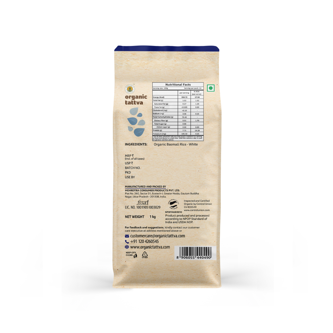 Rice | Traditional Basmati Rice - USDA Organic - Naturally Gluten Free &amp;amp; Trans Fat Free - Organic Tattva - 1000gm