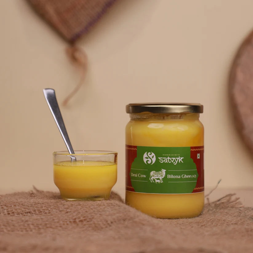 Ghee | Desi Cow (Bilona Ghee A2)- Gir Cow A2 Ghee -  Vedic Bilona Method- Curd -Churned A2 Ghee - 100% Desi Gir Cow Ghee - Grass-fed free grazing cows - Traditional ghee - Satvyk- 1000ml