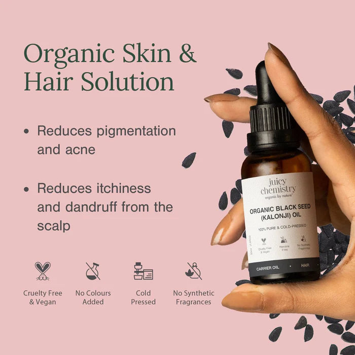 Hair Oil | Organic Black Seed (Kalonji Oil) - 100% Pure &amp; Cold Pressed - Vegan, Cruelty Free &amp;  No Synthetic Fragrances - Juicy Chemistry - 100ml