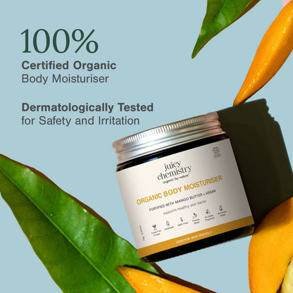 Organic Body Moisturiser - Fortified with Mango Butter + Argan - Supports Healthy Skin Barrier- Sensitive Skin Friendly-Cruelty Free &amp; Vegan, Freshly Free-No Added Fragrances – Juicy Chemistry- 75gm