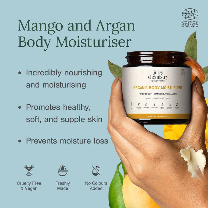 Organic Body Moisturiser - Fortified with Mango Butter + Argan - Supports Healthy Skin Barrier- Sensitive Skin Friendly-Cruelty Free &amp; Vegan, Freshly Free-No Added Fragrances – Juicy Chemistry- 75gm