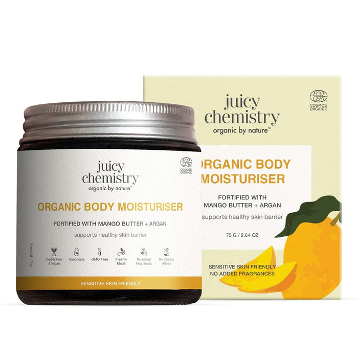 Organic Body Moisturiser - Fortified with Mango Butter + Argan - Supports Healthy Skin Barrier- Sensitive Skin Friendly-Cruelty Free &amp; Vegan, Freshly Free-No Added Fragrances – Juicy Chemistry- 75gm