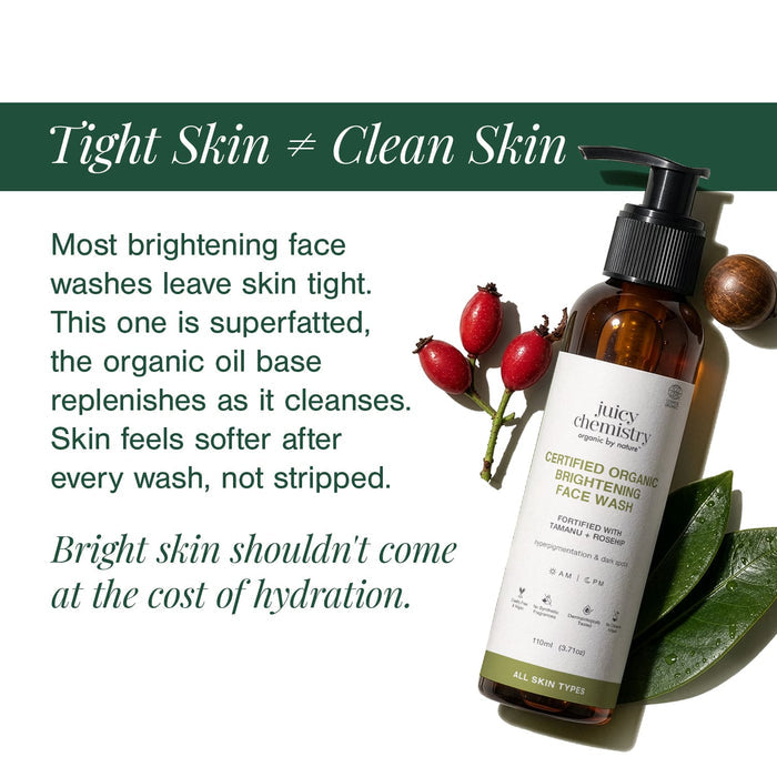 Organic Brightening Face Wash Fortified with Tamanu + Rosehip - Juicy Chemistry - 110ml
