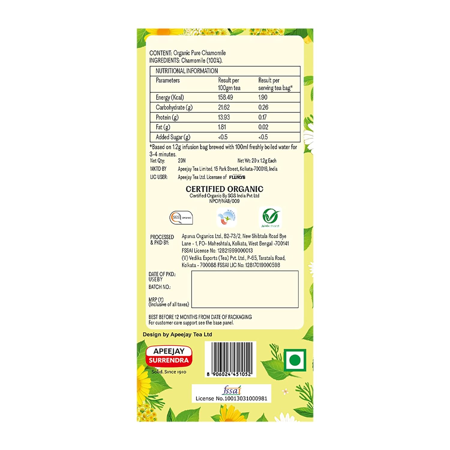 Organic Chamomile - Flurys -  20Tea Bags
