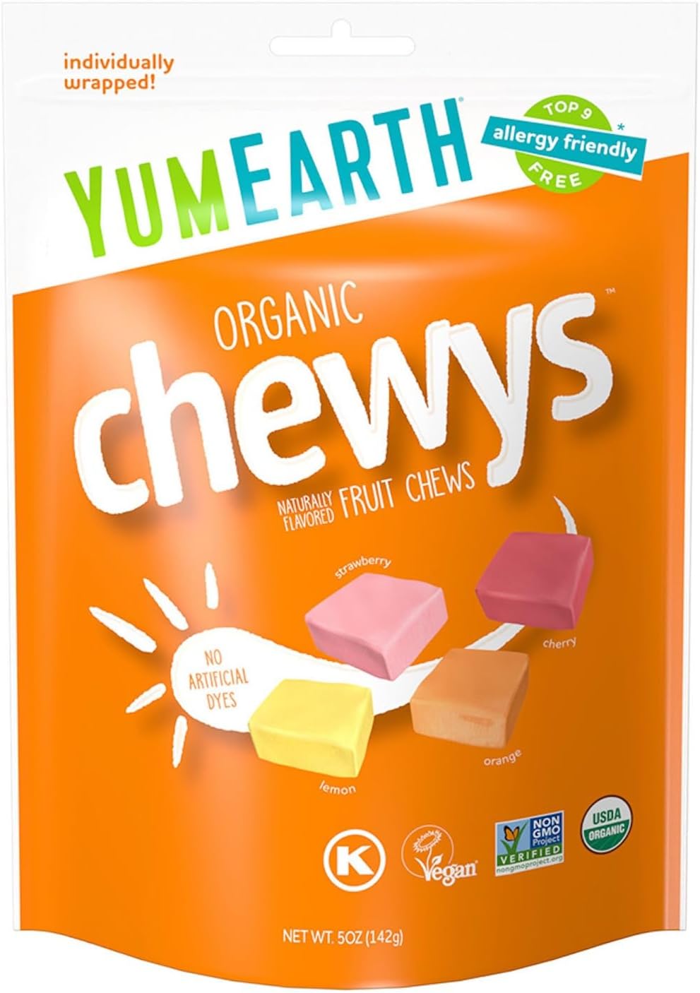 Chewys | Organic Chewys Fruit Flavor Chewys - USDA Organic - Vegan, Gluten Free, Non GMO & No High Fructose Corn Syrup Or No Artificial Dyes - Yum Earth - 143gm