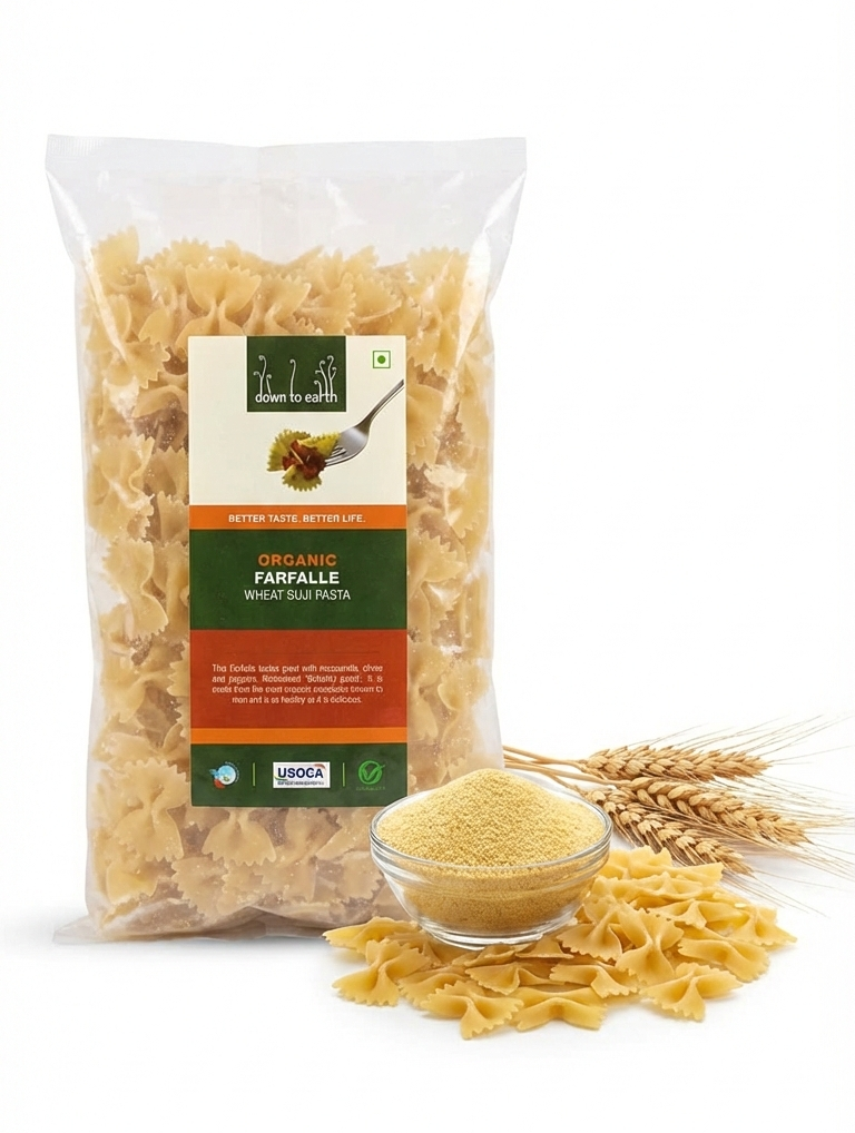 Pasta | Organic Farfalle (Wheat Suji Pasta) - No preservatives - Down To Earth - 500gm