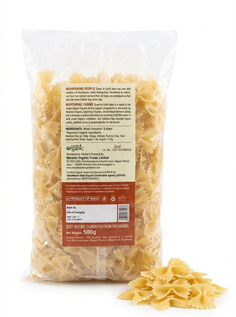 Pasta | Organic Farfalle (Wheat Suji Pasta) - No preservatives - Down To Earth - 500gm