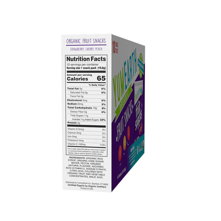 Fruit Snacks | Strawberry, Cherry, Peach Flavour - USDA Organic - Vegan, Gluten Free, Non GMO &amp; No High Fructose Corn Syrup Or No Artificial Dyes - Yum Earth - 199gm