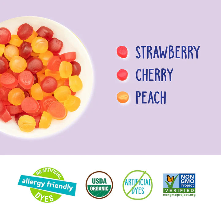 Fruit Snacks | Strawberry, Cherry, Peach Flavour - USDA Organic - Vegan, Gluten Free, Non GMO &amp; No High Fructose Corn Syrup Or No Artificial Dyes - Yum Earth - 142gm