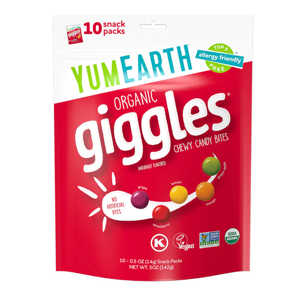 Candy | Giggles - USDA Organic - Vegan, Gluten Free, Non GMO &amp; No High Fructose Corn Syrup Or No Artificial Dyes - Yum Earth - 10 Snack Pack - 142gm
