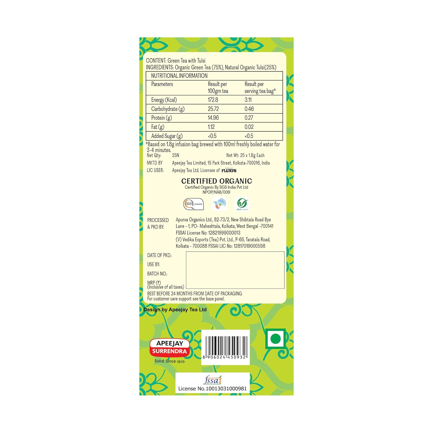 Organic Green Tea Tulsi - Flurys -  25Tea Bags