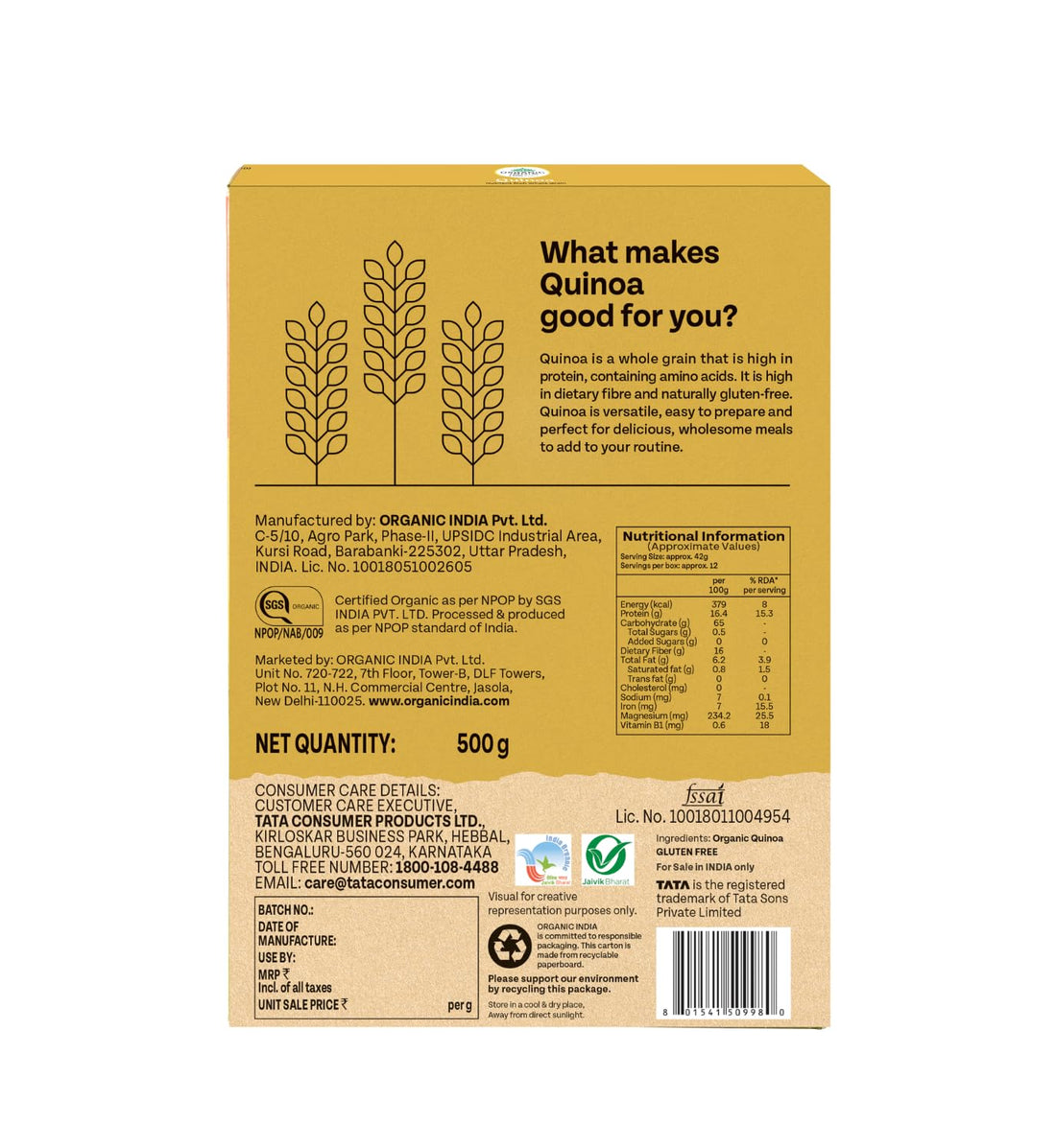 Quinoa | Whole Grain – USDA Organic – Gluten Free, Complete Protein, Low Calorie &amp; Cholesterol Free – Organic India – 500gm