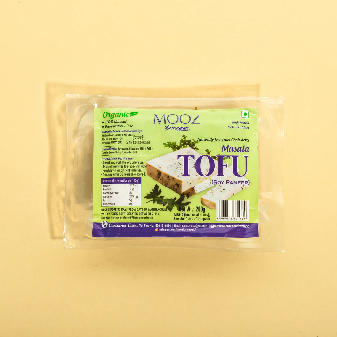 Tofu | Organic Masala Tofu - Soy Paneer - High In Protein And Calcium - Mooz - 200gm