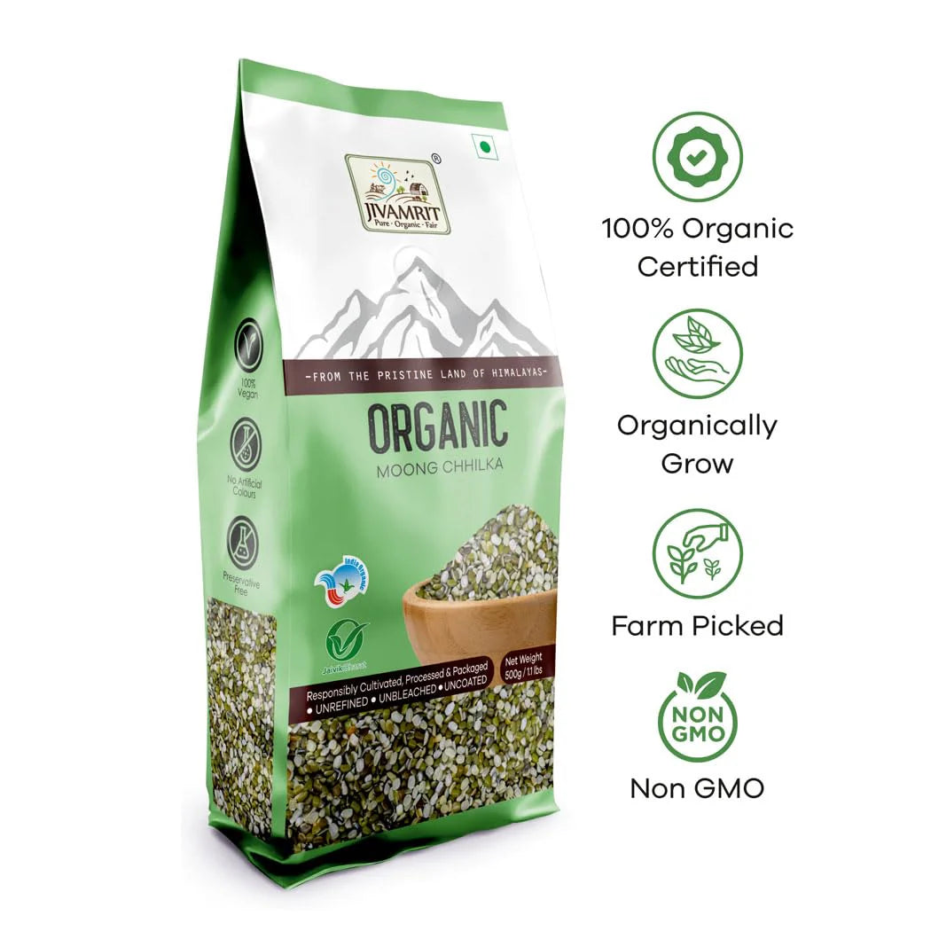 Moong | Organic Moong Chilka- 100% Vegan, Unpolished, Gluten Free  -NON GMO, No Pesticides - Jivamrit – 500gm