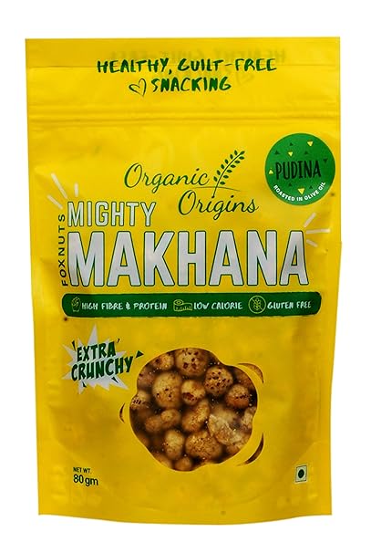 Makhana | Extra Crunchy (Pudina) - Gluten Free, High Protein, High Fibre &amp; Low Calorie – Organic Origins - 80gm