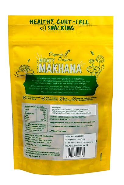 Makhana | Extra Crunchy (Pudina) - Gluten Free, High Protein, High Fibre &amp; Low Calorie – Organic Origins - 80gm