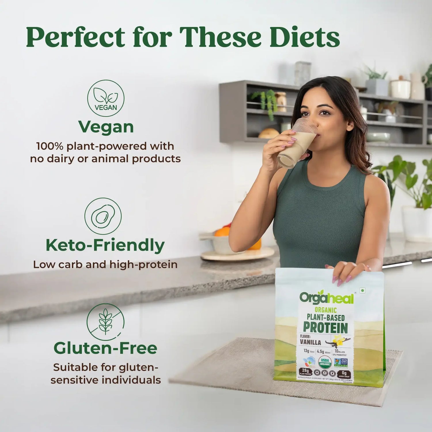 Protein Powder | Organic Plant-Based Protein Powder (Vanilla) - 28g Plant Protein -USDA Organic - Vegan, Gluten Free &amp; Dairy Free - Orgaheal - 980gm