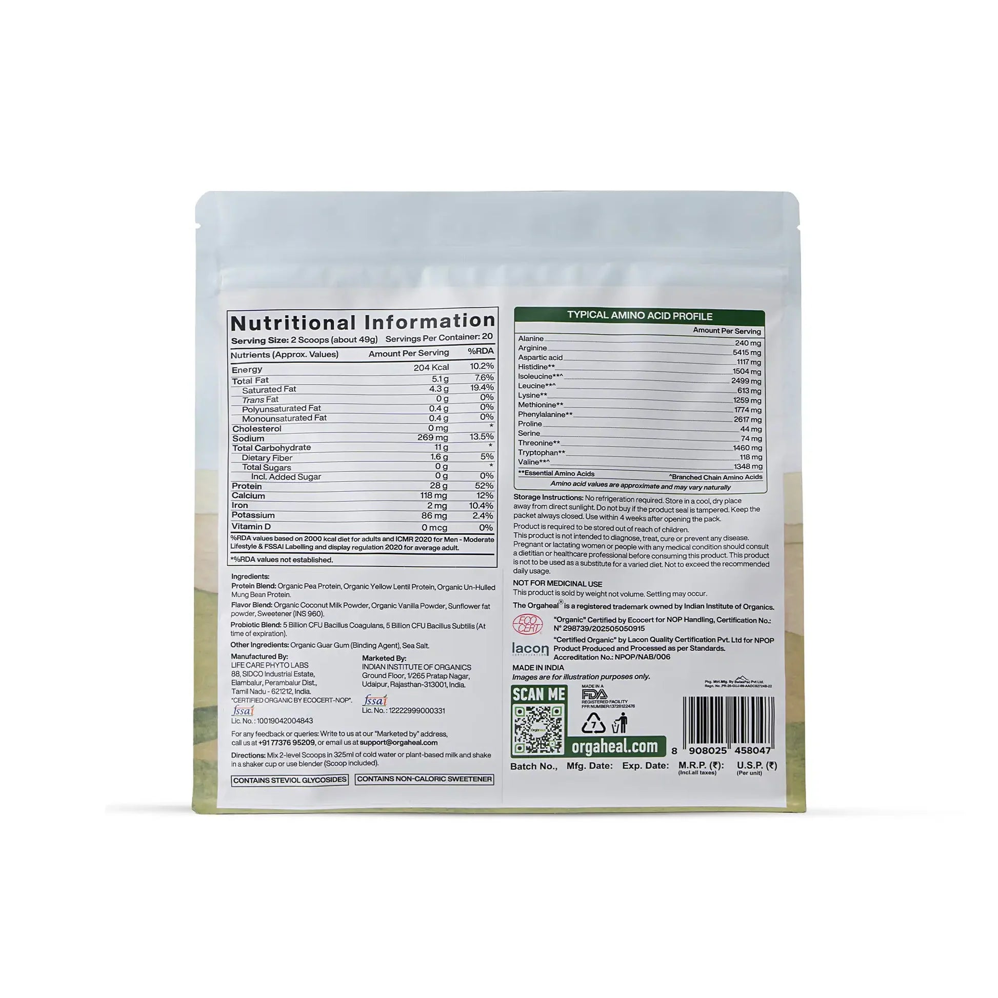 Protein Powder | Organic Plant-Based Protein Powder (Vanilla) - 28g Plant Protein -USDA Organic - Vegan, Gluten Free &amp; Dairy Free - Orgaheal - 980gm