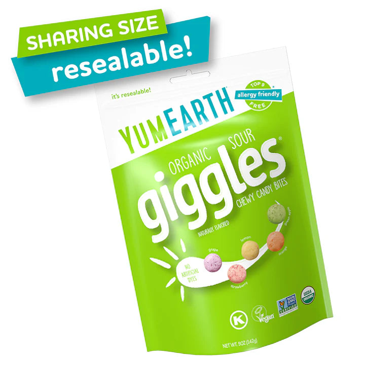 Candy | Organic Sour Giggles - Chewy Candy Bites - USDA Organic - Vegan, Gluten Free, Non GMO &amp; No High Fructose Corn Syrup Or No Artificial Dyes - Yum Earth - 142gm
