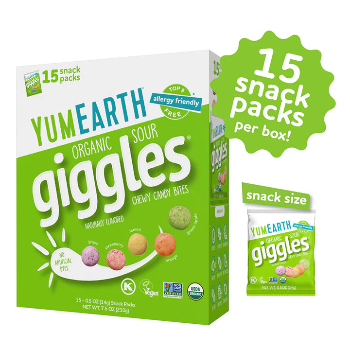 Candy | Organic Sour Giggles - Chewy Candy Bites - USDA Organic - Vegan, Gluten Free, Non GMO &amp; No High Fructose Corn Syrup Or No Artificial Dyes - Yum Earth - 142gm