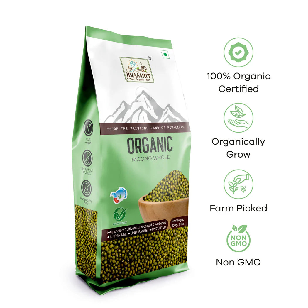 Moong | Organic Whole Moong  -NON GMO, No Pesticides - Jivamrit – 500gm